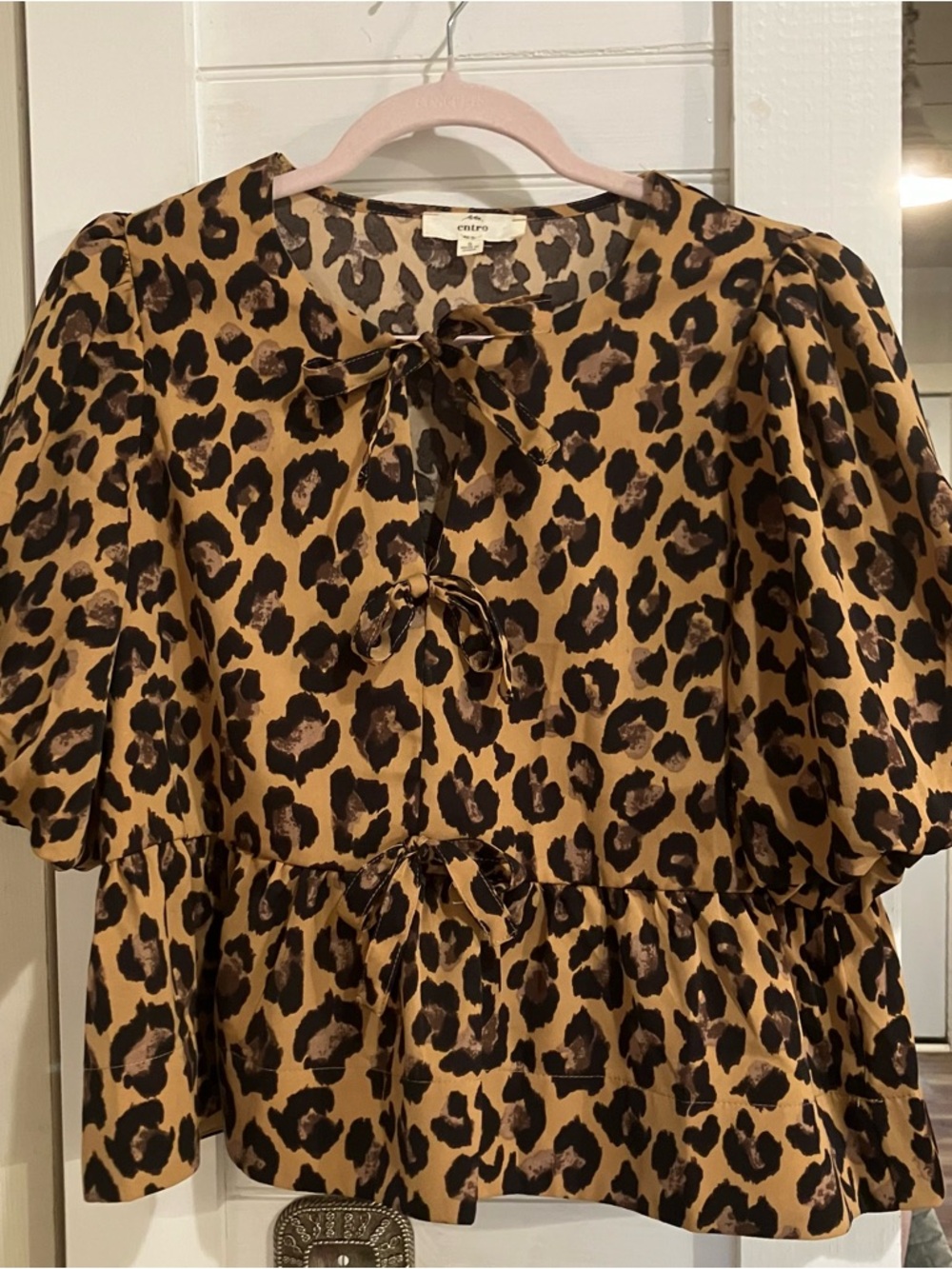 entro Leopard Print Tie-Front Peplum Top in Tan and Black